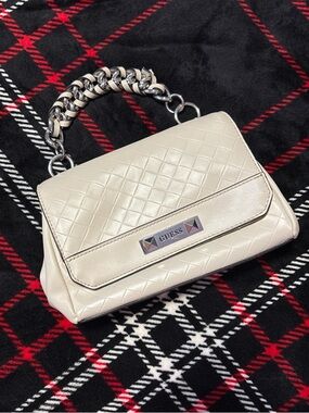 GUESS Quilted Cream Satchel with Silver Chain Handle